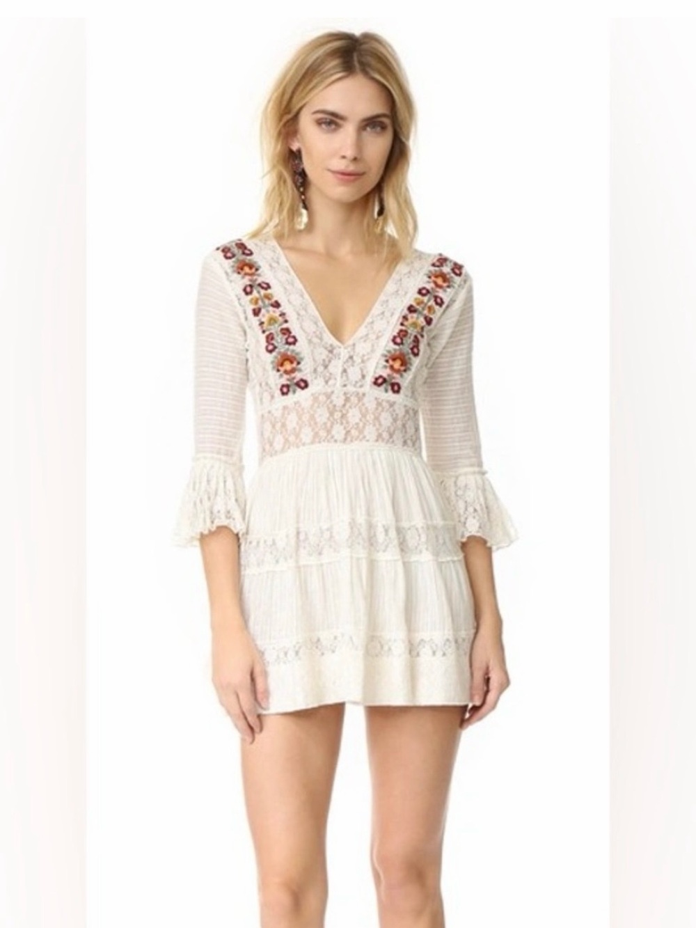 Cream Embroidered V-Neck Mini Dress